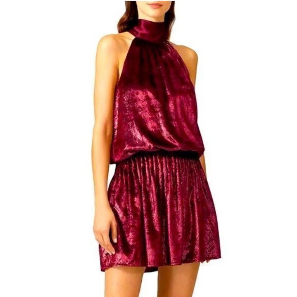 NWT Ramy Brook ELLIN Red Metallic Shimmer Velvet Halter Mini Dress Large